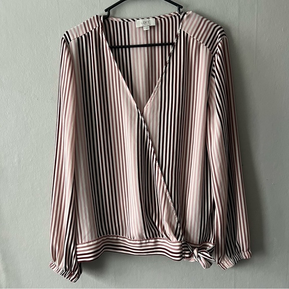 LOFT Tops - Loft Pink and Purple Striped V Neck Faux Wrap Long Sleeve Top Size Large